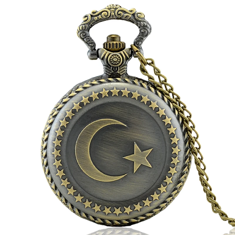 

IBEINA Turkish Flag Theme Full Hunter Quartz Engraved Fob Retro Pendant Pocket Watch Chain Gift