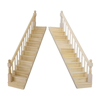 

2Pcs 1:12 Dolls House Wooden Staircase with Right/Left Handrail Pre-Assembled 45-Degree Slope