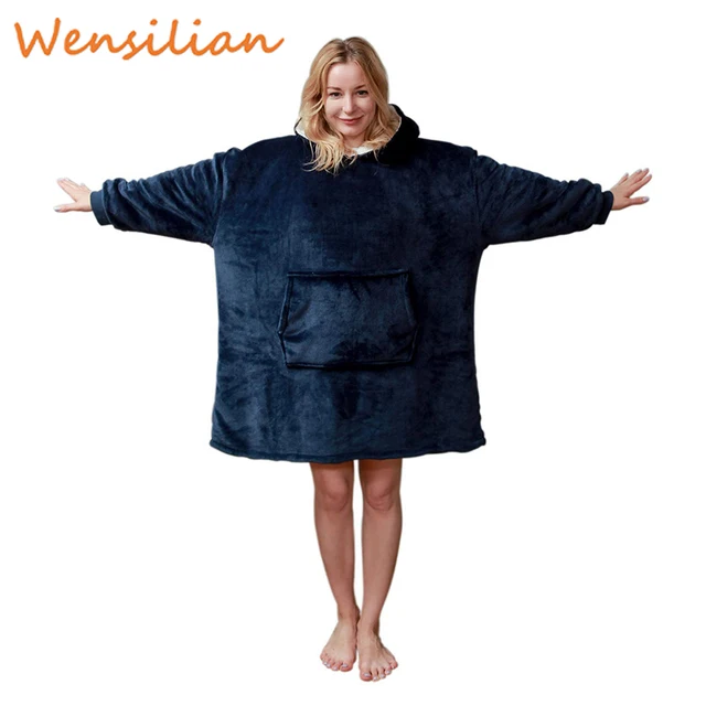 US $15.86 Oversized Hoodie Oversize Winter Fleece Blanket With Sleeves Sweatshirts Plaid Adult Giant Bluza Wo