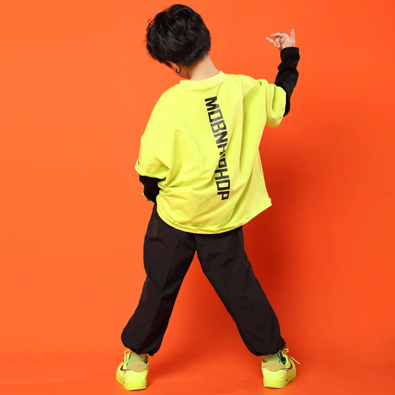 Детская стильная желтая толстовка с принтом, рубашка Топы, черные повседневные штаны для бега в стиле хип-хоп, одежда для девочек и мальчиков, танцевальный костюм в стиле джаз, одежда