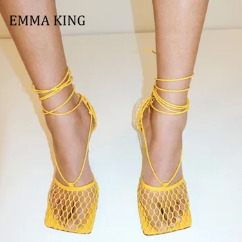 

2021 Sexy Women Pumps Square Toe Summer Mesh Sandals 9cm High Heels Women Stilettos Female Hollow-out Fashion Party Dress Pumps