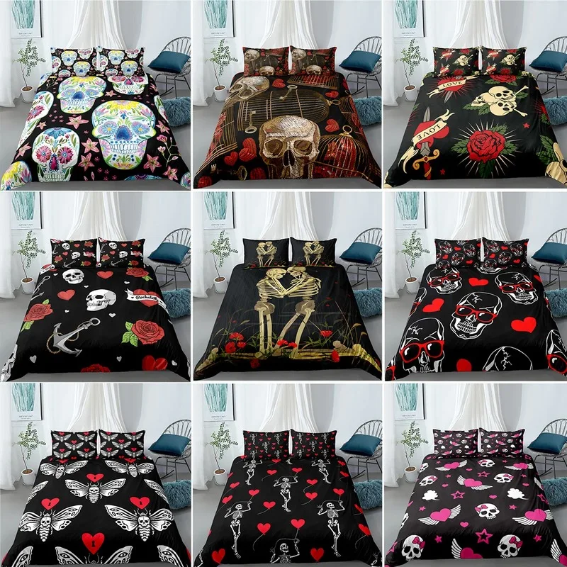 Gothic Moth Heart Sugar Skull Printed Bedding Set Skeleton Love  