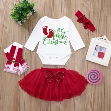 Рождественская Одежда для новорожденных девочек Комбинезон с буквенным принтом+ Однотонная юбка с бантом+ гетры+ повязка на голову, комплект одежды из 4 предметов