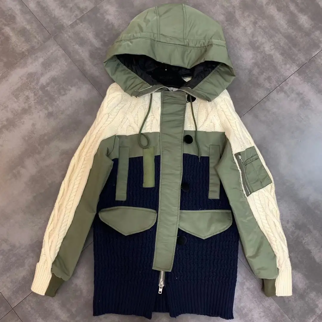 

2019 new hooded long-sleeved woven knit stitching color matching coat female