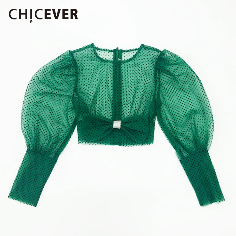 

CHICEVER Perspective Mesh Bowknot Women's Shirt O Neck Lantern Sleeve Korean Polka Dot Short Blouse Female 2019 Fashion New
