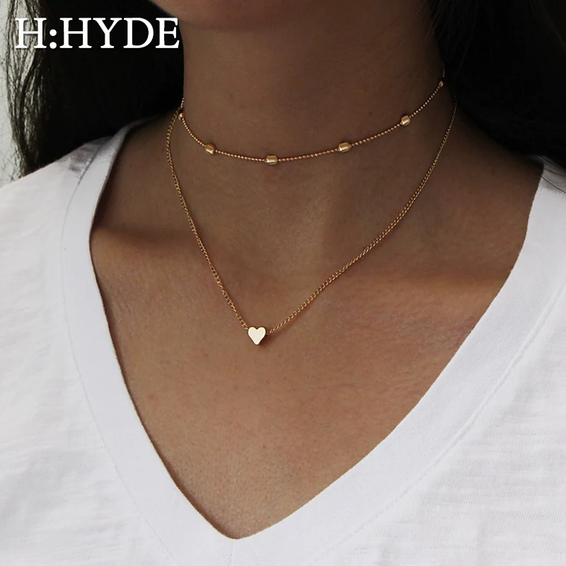 H: HYDE маленькое сердце колье ожерелье для женщин Золотая Серебряная цепочка любовь подвесное ожерелье в богемном стиле Двухслойное ожерелье ювелирные изделия