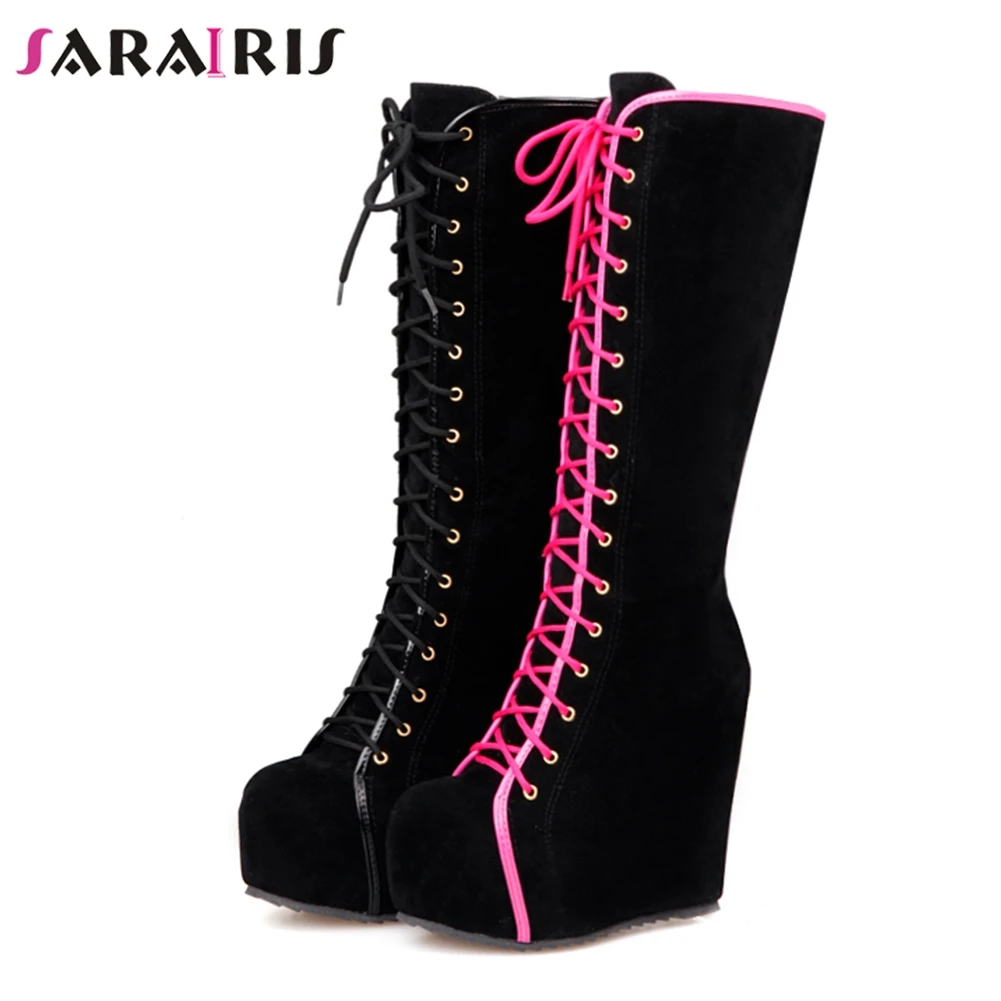 

SARAIRIS Brand Party High Wedges Mid-Calf Boots Women 2019 Winter Lace-Up Platform Fur Boots Ladies High Heels Shoes Woman
