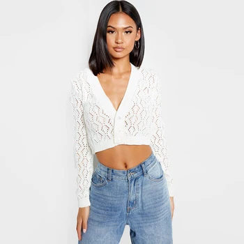 

Autumn Women Hollow Out Sweater Cardigan Casual Loose Knitted Cardigans Female V Neck Knitted Cardigan