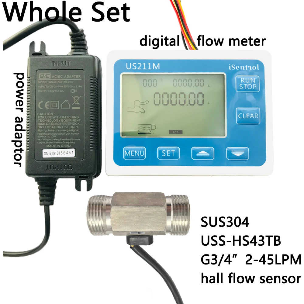 US211M Digital Flow Meter Totalizer with SUS304 Flow Sensor USS HS43TB