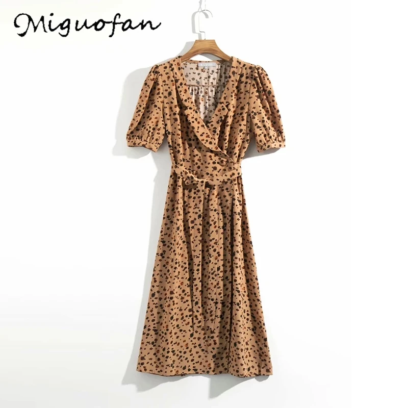 Коричневый Miguofan Платья с запахом, женское длинное платье в горошек, винтажное платье макси с поясом, весеннее Сексуальное Женское Платье с v-образным вырезом, vestidos - Цвет: Коричневый
