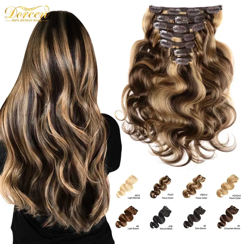 

Doreen 120 Grams Clip In Human Hair Extensions European Machine Made Remy 100% Human Hair Highlight Caramel Ombre color