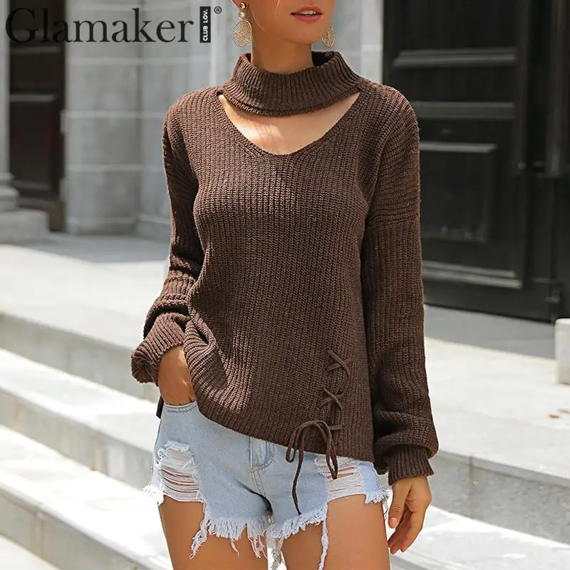 

Glamaker Hollow out knitted sweater jumper Women autumn winter loose knitwear Female long sleeve lace up club sweater pullover