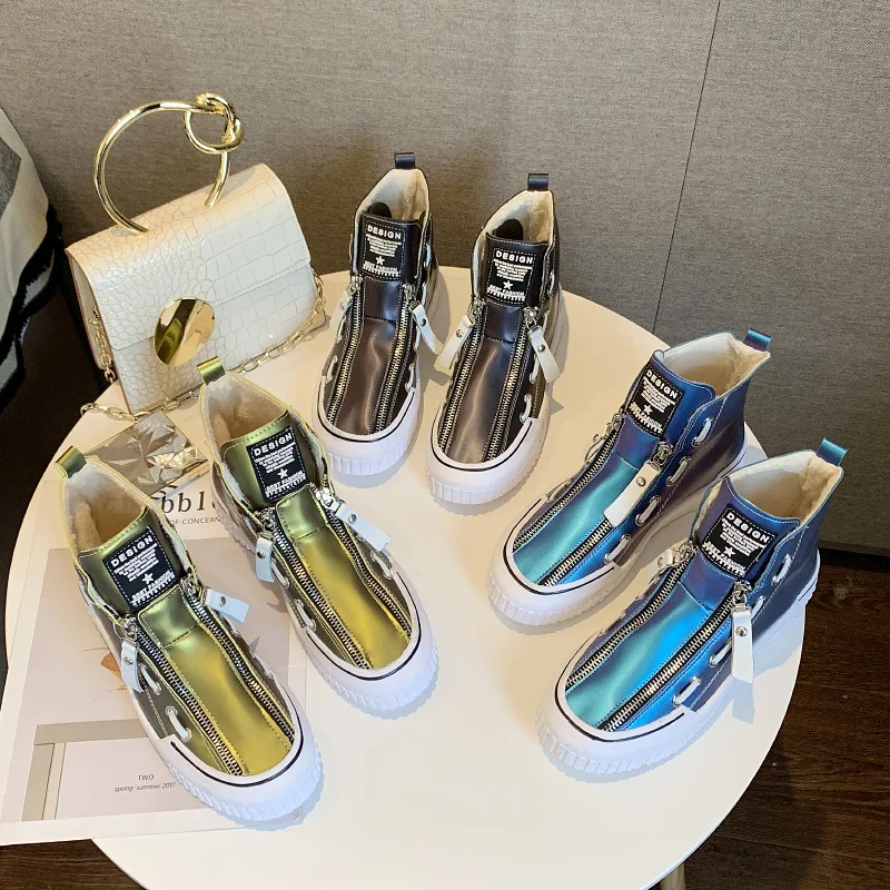 Winter Glitter Color Women High-top PU Sneakers Female Sports Skateboarding Shoes Zipper Plus Velvet Shoes Boots Wild Sneakers