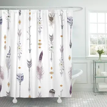 

Watercolor Boho Teepee Arrows and Feathers Native Tribal Bohemian Shower Curtain Waterproof Polyester Fabric 60 x 72 Inches