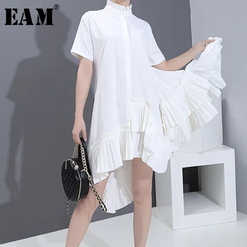 

[EAM] Women White Pleated Asymmetrical Shirt Dress New Stand Collar Short Sleeve Loose Fit Fashion Tide Spring Summer 2020 1S538