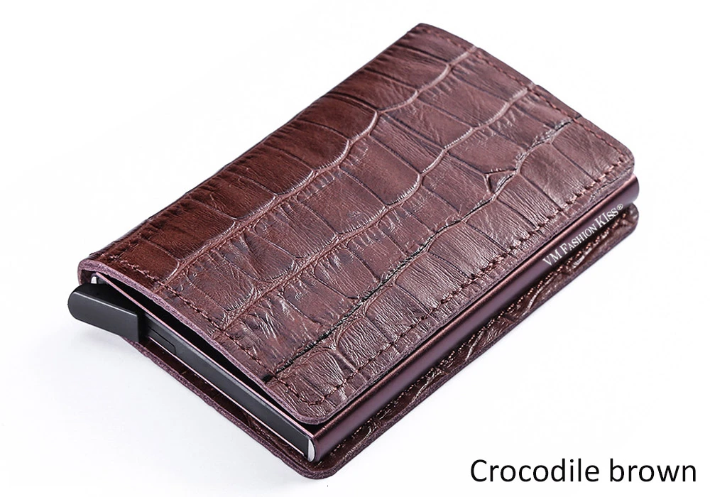 Crocodile brown VM FASHION KISS RFID Genuine Leather Minimalist Wallet DIY Metal Aluminum Safe Purse Credit Id Business Card Holder Cardholder - Цвет: Crocodile brown