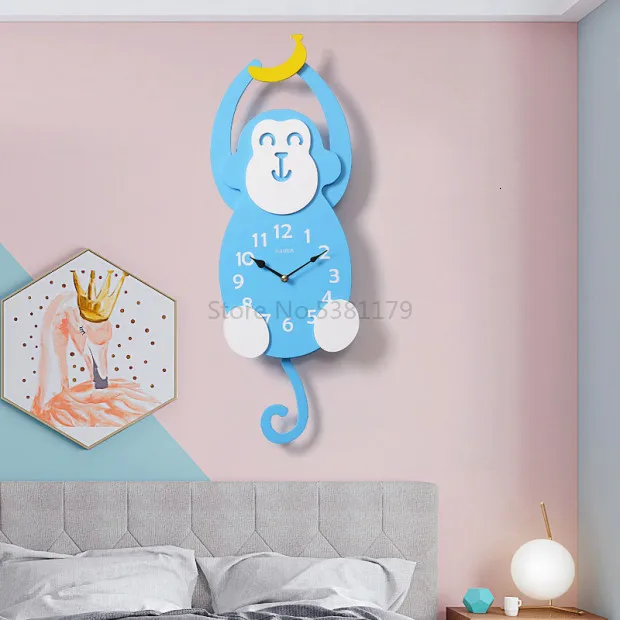 Cartoon Cute Trojan Wall Clock Home Bedroom Creative Personality Clock Nordic Living Room Children's Wooden Simple Clocks - Цвет: Небесно-голубой