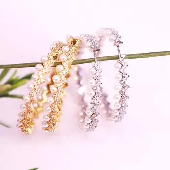 

3Pairs, New Fashion Gold /Silver Color women jewelry white pearl bead with cz zircon circle hoop earring Charm