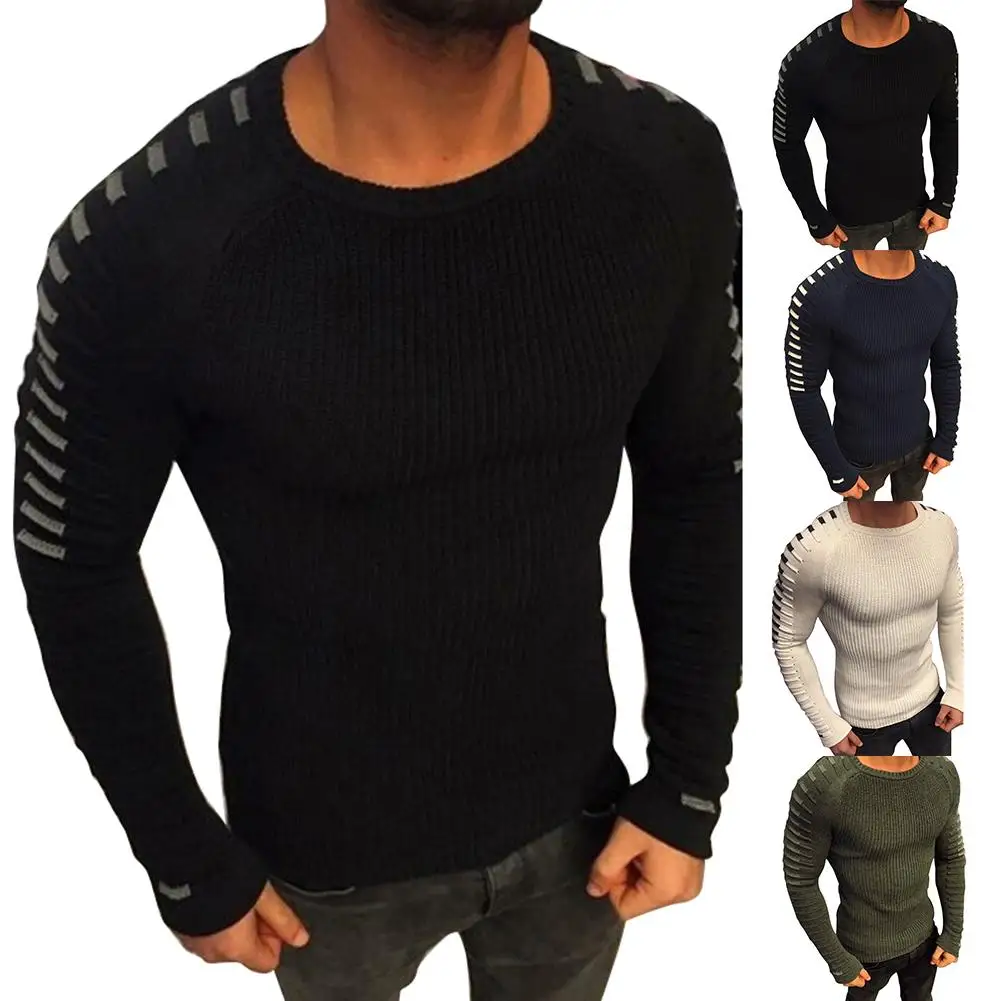 Пуловер мужской зимний модный свитер мужской плиссированный свитер круглый вырез длинный рукав вязаный пуловер, свитер Мужская одежда
