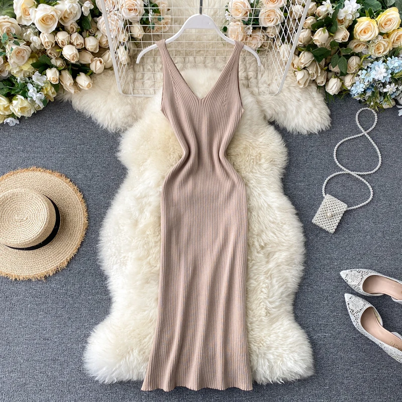 2020 sexy Slim v neck Knitted Midi Dress tank sundresss vestido de fiesta split Summer Party Women Casual Knee Length dress