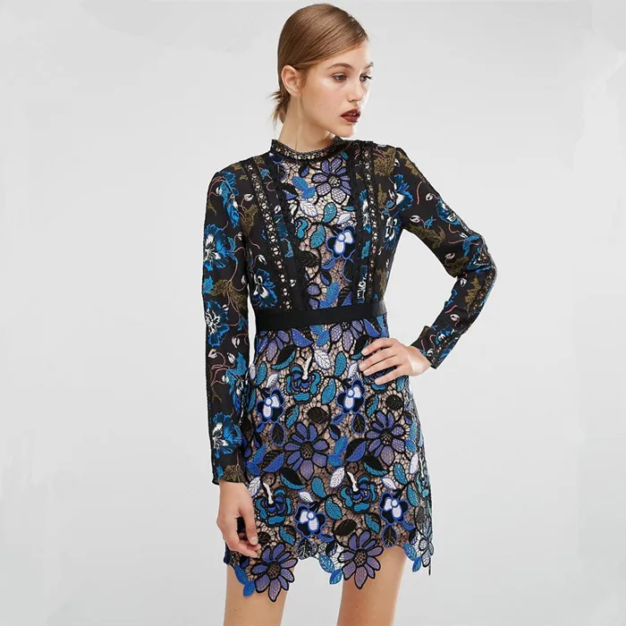 Самопортретные синие винтажные кружевные платья осенне-зимние женские платья с цветочной вышивкой в стиле пэчворк с длинными рукавами - Цвет: The picture color