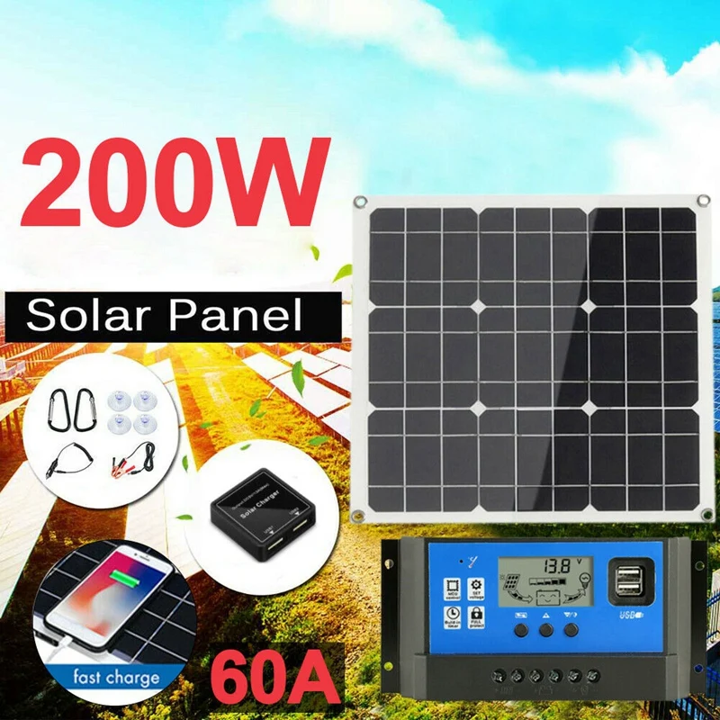 200 Watt 200W Solar Panel Kit with LCD Solar Controller 12V RV Boat Off Grid