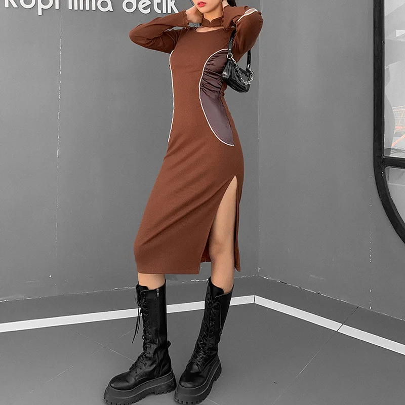 

women's Dresses Autumn and winter solid color side print slim high waist bag hip fashion stitching split dress Clothing
