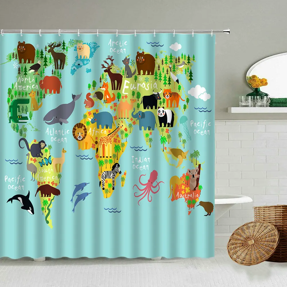 World Map Shower Curtain Cartoon Fun Animal Elephant Lion Tiger Children Bathroom Bathtub Waterproof Cloth Curtains With Hook Shower Curtains Aliexpress