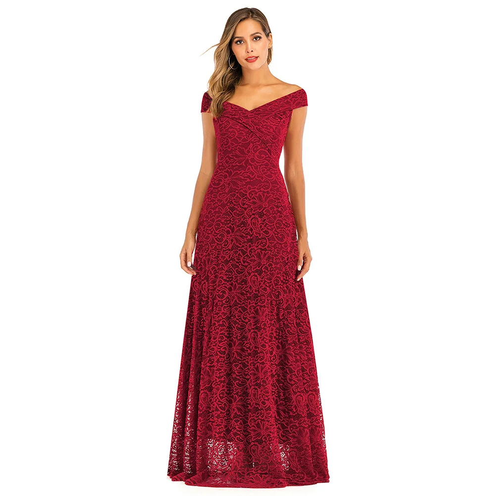 new lady off-shoulder lace sexy long dress women banquet elegant solid slim dress - Цвет: Бургундия
