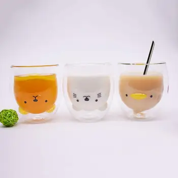 

Innovative Cute Animal Glass Mugs Cartoon Bear Cat Duckling Coffee Milk Mugs Double Layer Heat Resistant Glass Tea Cup