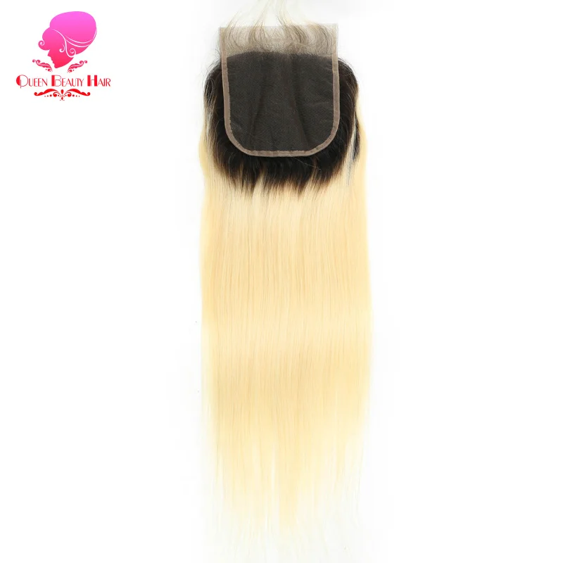 QUEEN 4x4 Lace Closure Ombre Blonde 1B 613 Platinum 8 - 22 Inch Remy Human Brazilian Straight Swiss With Baby Hair | Шиньоны и парики