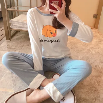 

100% Cotton Pajama Set for Women 2020 Spring Autumn Korean Long Sleeve Sleepwear Cute Cartoon Pyjama Femme Homewear Pijama Mujer