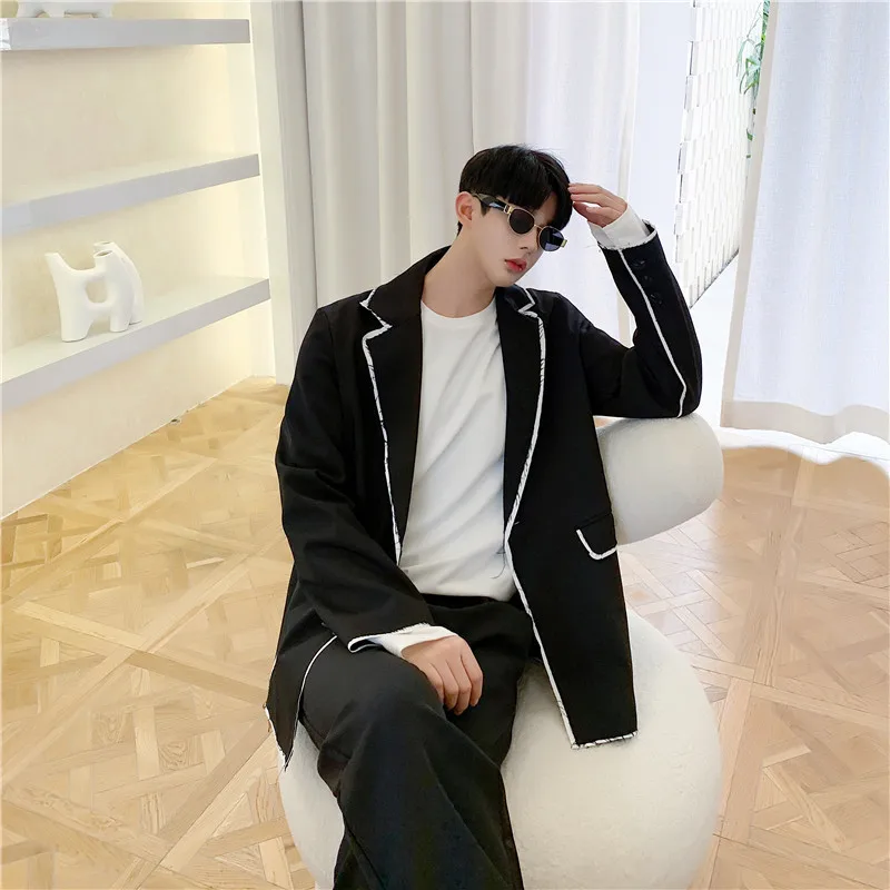 

2020 Spring And Autumn New Youth Popular Stripe Raw Edge Design Niche Suit Fashion Casual Loose Top Jacket Black M-XL