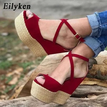 

Eilyken 2020 New Woman Straw Summer Sandals Woman Platform Wedge high heels Party Red women shoes size 41 42