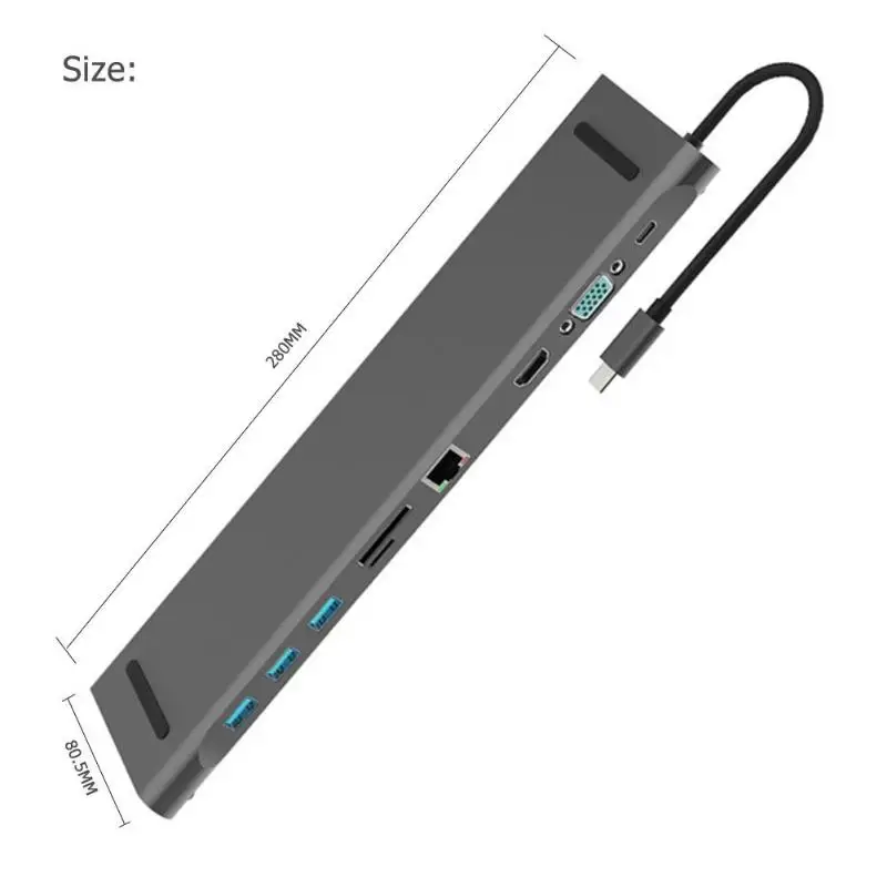 10 in 1 Multi USB HUB Type C to HDMI VGA RJ45 USB 3.0 3.5mm Audio PD Fast Charging Adapter Dock Aluminum Alloy for MacBook