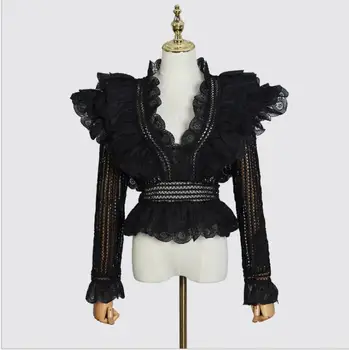 

Elegant Vintage Retro Hollow Out Lace Ruffle V-Neck Long Sleeve Short Blouse Shirt Top Women's Sexy Spring Fall Ruffle Party Top