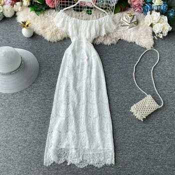 

HISUMA 2020 summer new female slash neck butterfly sleeve fairy gauze dress women's elegant lace sheath dresses
