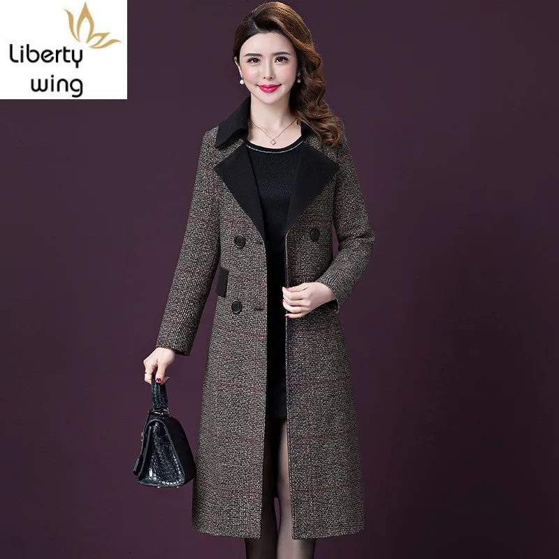 

Woolen Overcoat Women Autumn Winter Long Slim Plaid Coat Fashion Office Lady Double Breasted Outerwear Plus Size 5XL