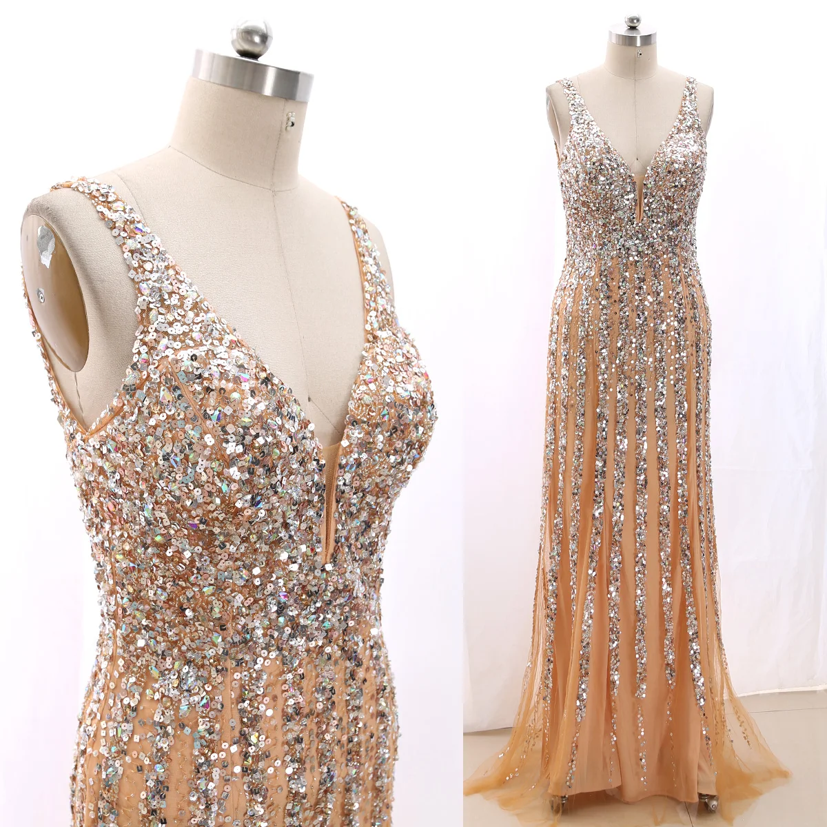 

Women Long Gold Sequin Beading V Neck Plunging Tulle Prom Party Dresses Ball Gown