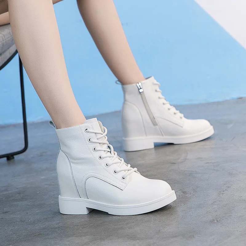 

Autumn And Winter plus Velvet Elevator Genuine Leather Martin Boots Women's Students Casual Lace-up Side Zipper WOMEN'S Leather