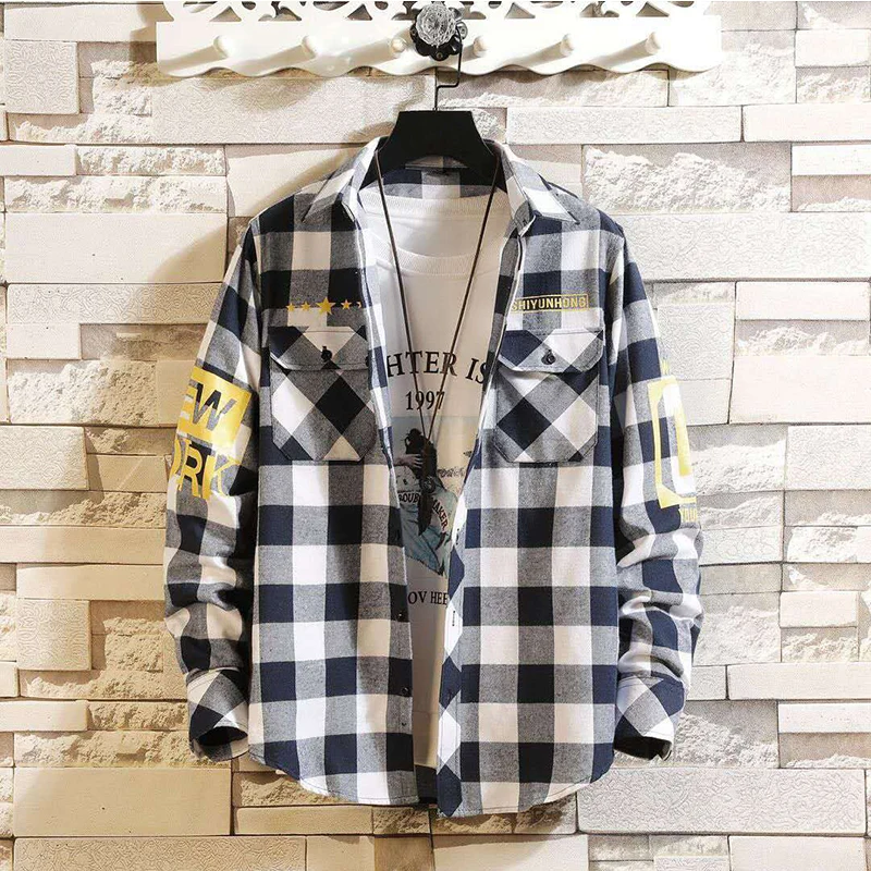 Men Casual Shirt Men Streetwear Shirts Harajuku Color Block Plaid Shirt Long Sleeve Male Vintage Korean Fashions Clothes cotton shirt,denim shirt,long sleeve shirt,men casual shirt,flannel shirt