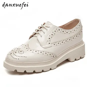 

Women's genuine leather lace-up flats oxfords carving british style leisure soft comfortable female footwear brogues shoes women