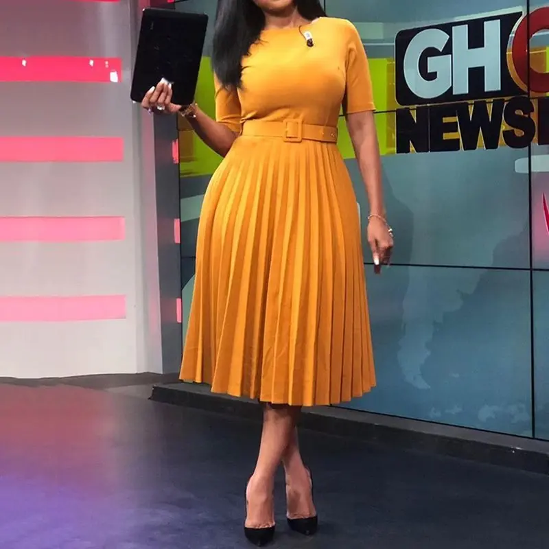 

African Style Women Casual Belted Pleated Dress Elegant Chic Office Lady A-Line High Waist Dress 2019 Autumn Winter Fashion