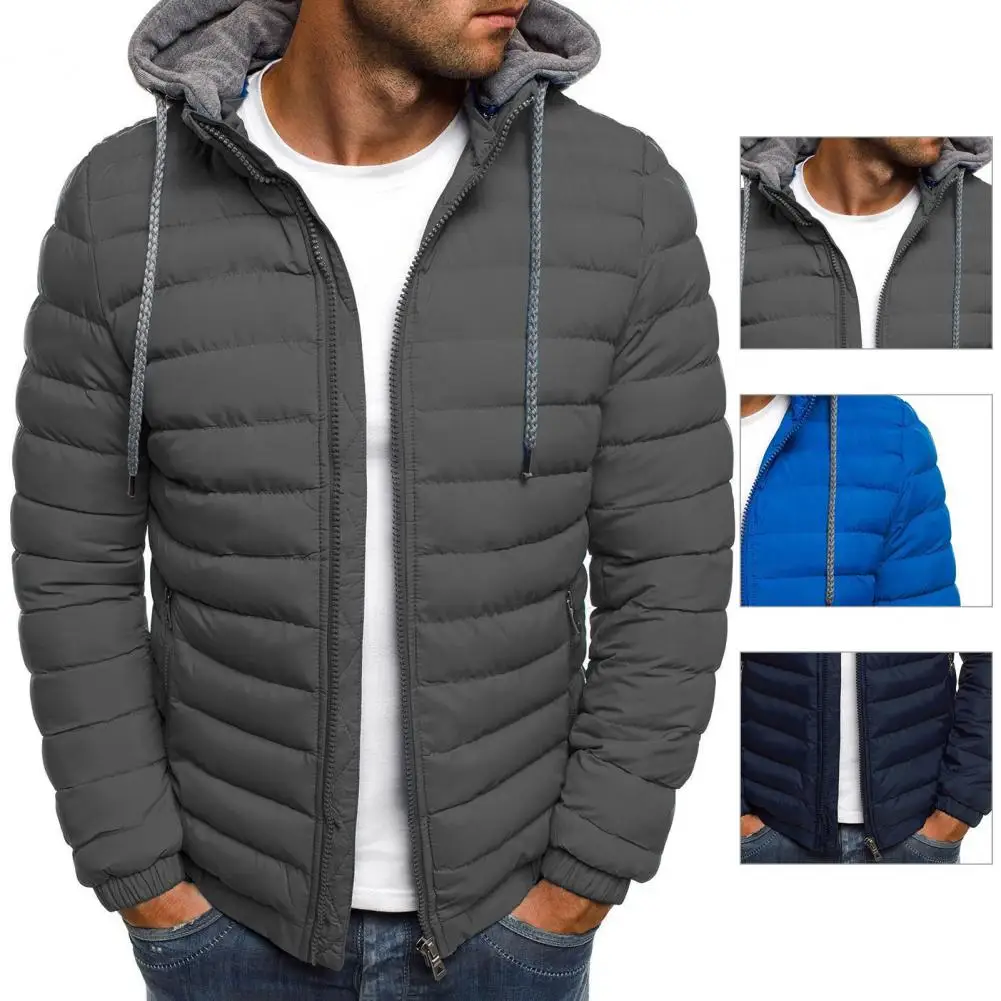 Men Winter Parkas Down Coat Solid Hooded Cotton Coat Jacket Detachable Hat Padded Cardigan Drawstring Winter Streetwear