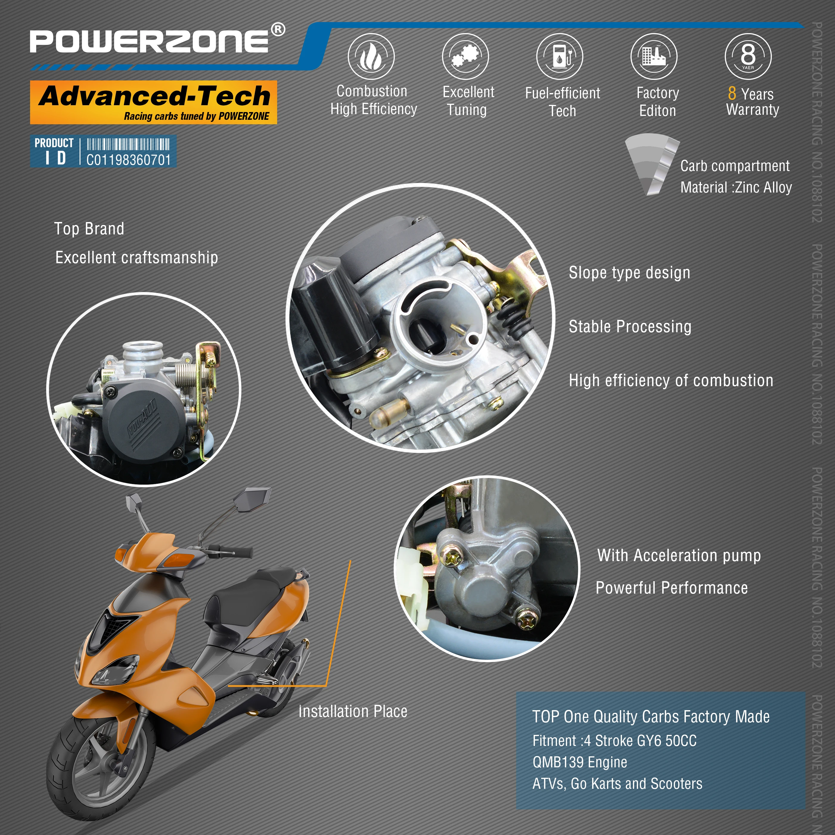 Powerzone карбюратор PD18J 18 мм CVK Ускорительный Насос Carb для GY6 50CC 139QMB 139QMA Мотоцикл Скутер Квадроцикл багги