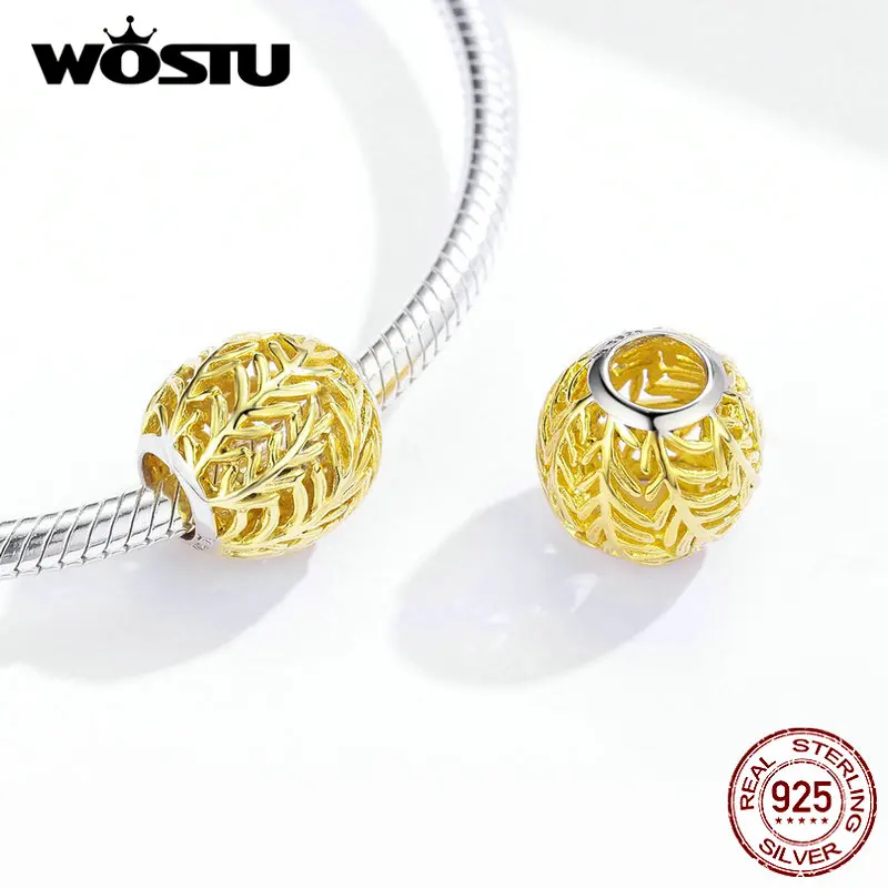 WOSTU, настоящая 925 пробы, серебряные, золотые ветви, бусины, круглые кулоны и подвески, подходят для оригинального браслета, ожерелья, изготовления ювелирных изделий CQC1332
