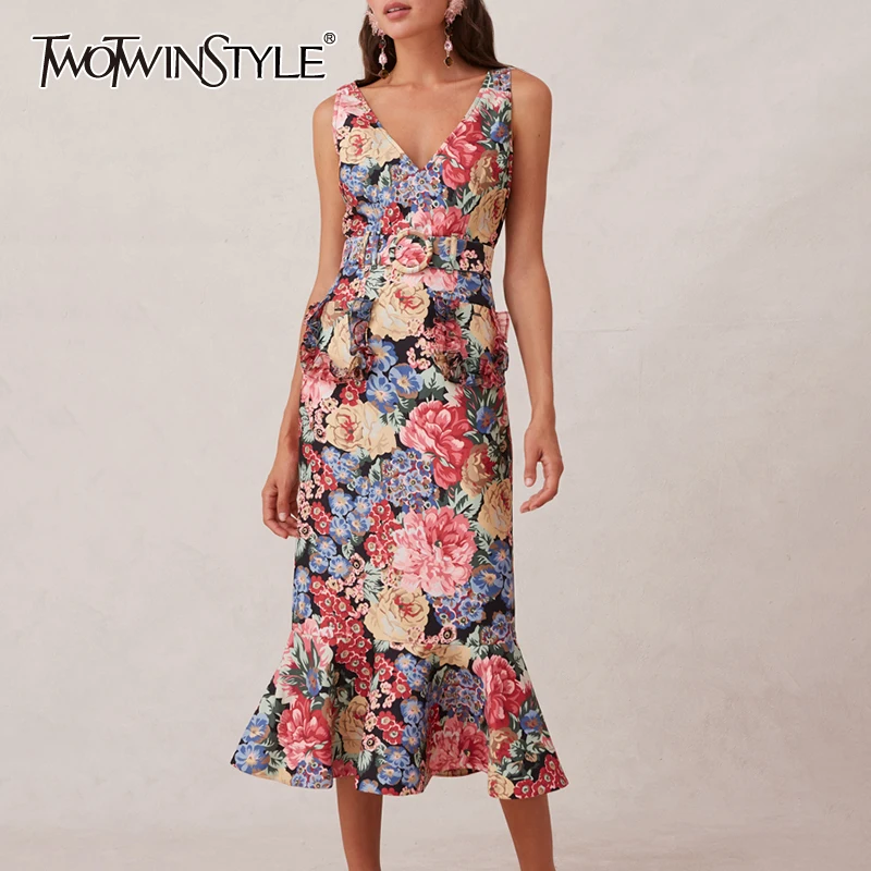 

TWOTWINSTYLE Print Floral Dress For Women V Neck Sleeveless High Waist Sashes Vintage Trumpet Dresses Female 2020 Fashion New