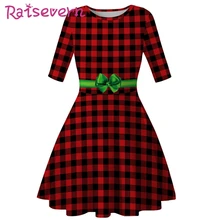 RAISEVERN, рождественское красное платье в клетку с зеленым бантом для девочек, повседневные Мини-платья с коротким рукавом для мамы и дочки, г., Рождество