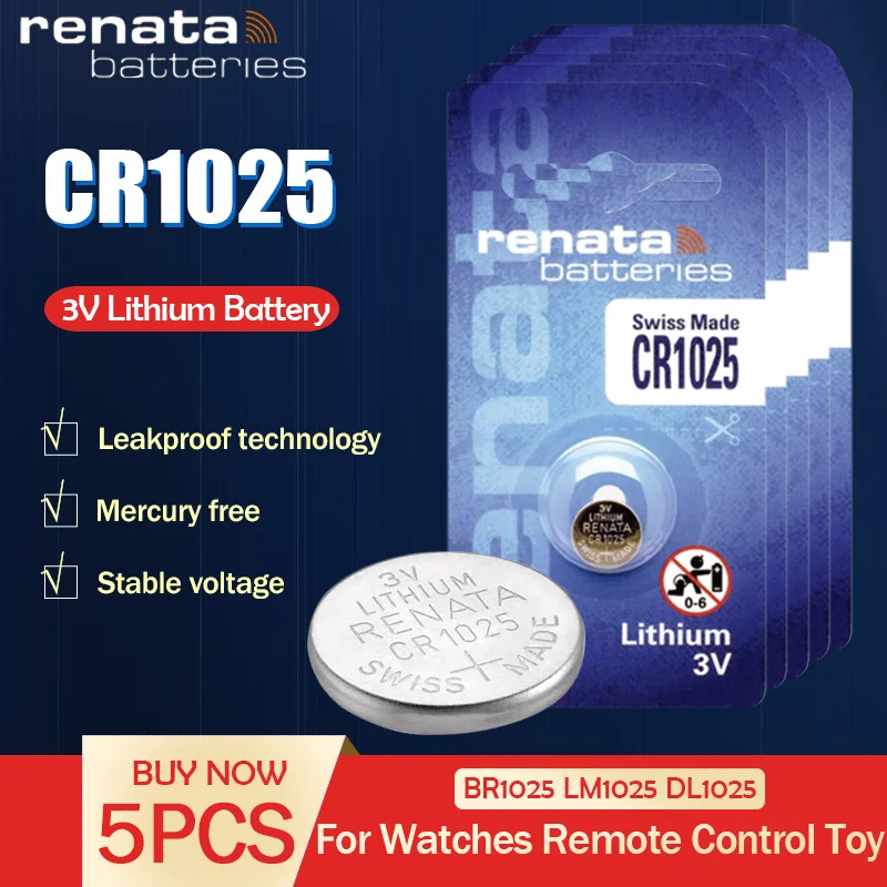 5 шт./лот оригинальный литиевый аккумулятор renata CR1025 3V для часов Тормозная лампа
