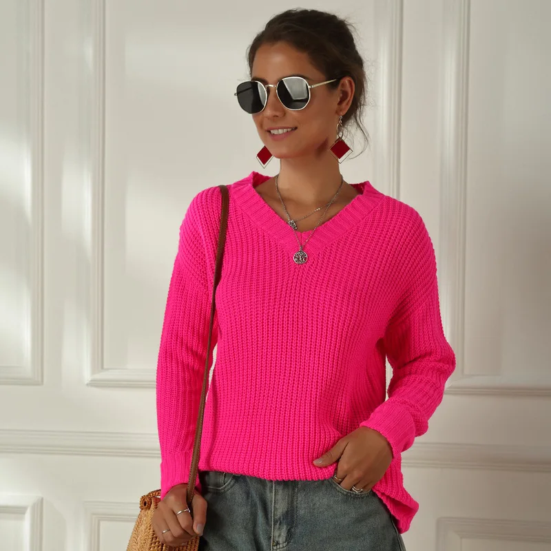 Женский розовый вязаный свитер с v-образным вырезом, повседневный однотонный тонкий свитер для женщин, пуловеры, зимние вязаные Джемперы, осенняя одежда Za Pull